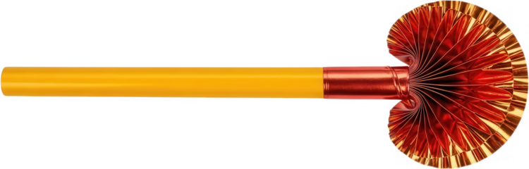 A bright yellow blowpipe with a red foil fan decoration on one end made of shiny metallic paper material party blower noisemaker celebration party festive transparent background