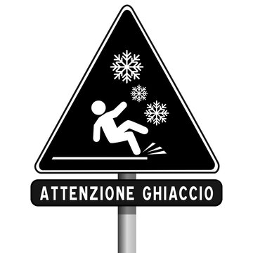 Cartello di attenzione ghiaccio, pavimento scivoloso, rischio di caduta, condizioni invernali, pittogramma di sicurezza