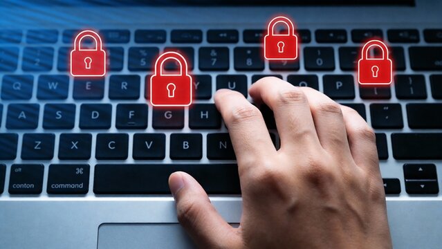 Hand typing on keyboard with lock icons - Powered by Adobe
