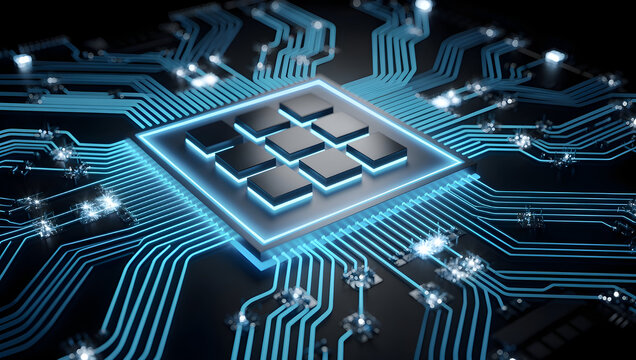 Digital processor core with glowing circuits, advanced semiconductor technology for ai computing, data processing systems, electronic engineering, and futuristic computer hardware design - Powered by Adobe