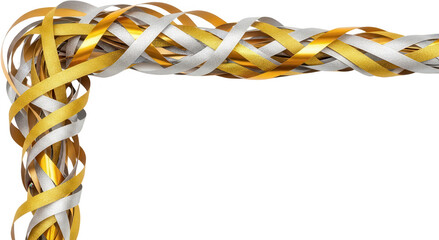 Glittering gold and silver ribbons intertwined creating a festive corner element with a shimmering texture party streamers glitter ribbons gold streamers transparent background