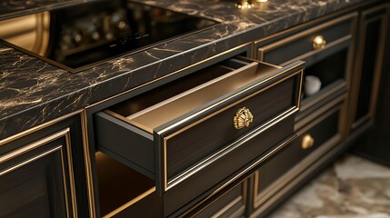 Obraz premium A luxury kitchen cabinet with a dark matte finish, gold detailing, and soft-close drawers for sophistication 