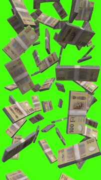 Vertical Fiji Dollar bills falling on chromakey, FJD cash rain animation