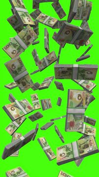Vertical PGK bills falling on chromakey, Papua New Guinea currency animation
