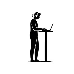 Fototapeta premium Man Working at Standing Desk with Laptop and Headphones Icon – Minimalist Silhouette Representing Remote Work, Ergonomic Office Setup, Freelance Productivity, and Modern Workplace Wellness