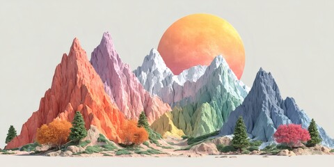 Colorful fantasy mountains with vibrant trees and sun