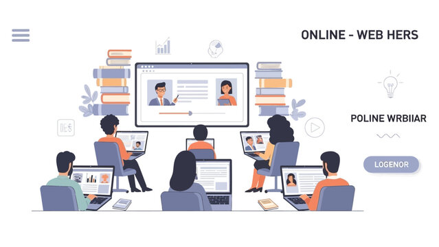 Online Learning and Webinar Platform with Students Attending Virtual Classes on Laptops