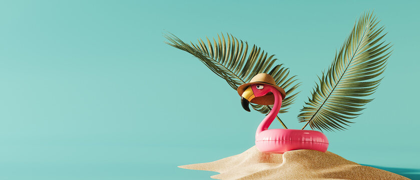 Pink flamingo inflatable with palm leaf wings on sand beach. Summer travel concept design on turquoise blue background with copy space. 3D Rendering, 3D Illustration