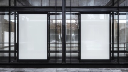 Outdoor mockup,store template,front view black of generic store facade with windows display and blanck posters.