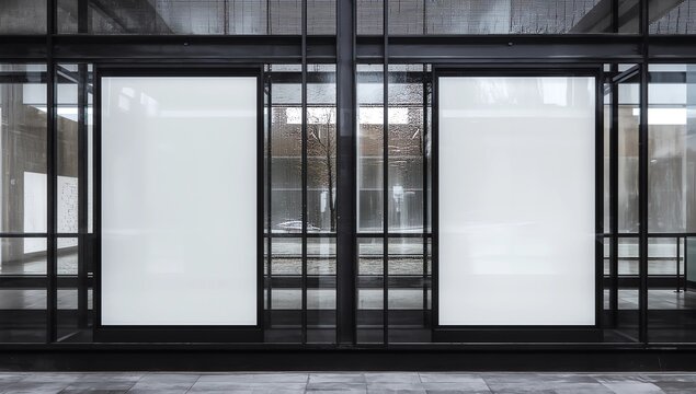 Outdoor mockup,store template,front view black of generic store facade with windows display and blanck posters.