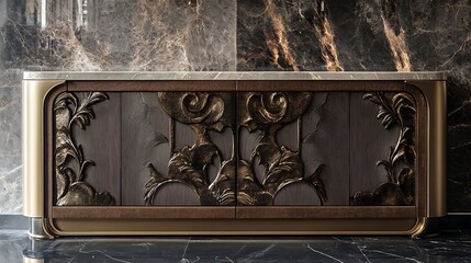 A luxury sideboard cabinet with embossed leather panels and gold details 