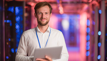Portrait of a smiling male IT specialist in a white shirt holding a laptop in a modern data center. Blurred background featuring glowing pink and blue server rack lights.