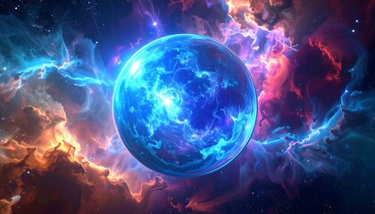 A luminous blue sphere glows brightly, set against a backdrop of swirling, colorful nebula clouds