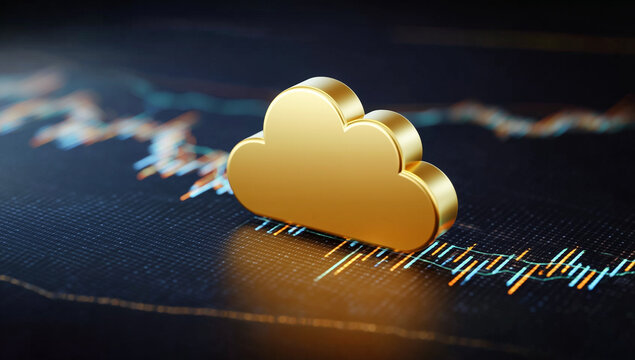 Golden 3D cloud icon floating over a dark glowing financial data chart with orange and blue stock market lines. Low angle perspective with shallow depth of field and metallic finish.