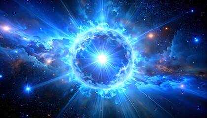 A luminous celestial body erupts, surrounded by vibrant nebulae and scattered stars, emanating bright blue light and energy