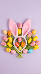 Fototapeta premium Joyful easter flat lay: Bunny ears, vibrant tulips, and decorated eggs arranged on a pastel purple background, captured from above, celebrating spring.
