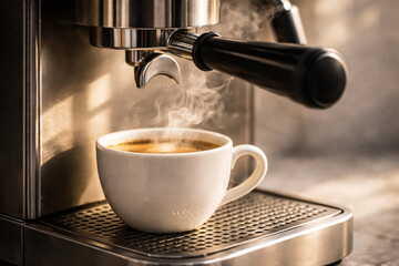 Hot coffee cup under an espresso machine with steam rising in soft morning light. Minimalist close-up with stainless steel details, elegant coffee ritual and quiet luxury lifestyle concept.