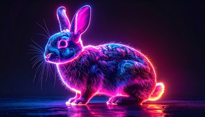 A luminous, colorful rabbit glows against a dark backdrop, rendered with a neon effect, highlighting its features
