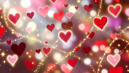 Obraz premium Seamless Valentine's Day Background with Glossy Red Hearts and Golden Sparkle Bokeh