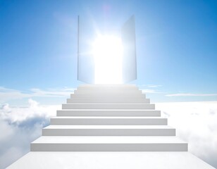 A luminous doorway opens to bright light above a stairway that ascends through a cloudy sky, suggesting a spiritual journey