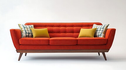 A mid-century-inspired sofa with button-tufted details, sleek wooden arms, and a vibrant upholstery palette 
