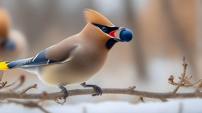 Vibrant waxwing bird perched on snowy branch with berry
