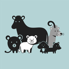 Obraz premium Collection of various cartoon wild animals standing together in a group on a light blue background from a front viewpoint