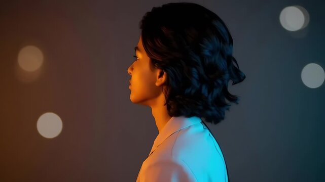 Cinematic studio fashion portrait video of an Indian teen under controlled professional lighting. Soft shadows and colored rim lights create a modern, stylish, and confident look