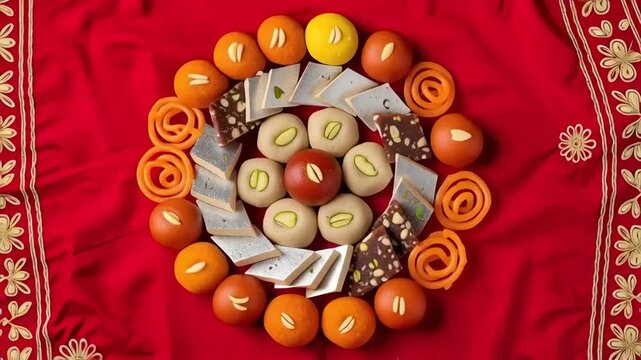 Cinematic top-down flat lay video of assorted traditional Indian sweets arranged in a circular festive pattern. Bright overhead lighting highlights glossy textures and vibrant colors