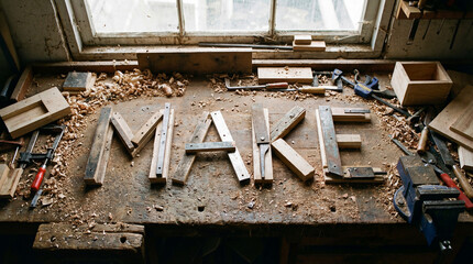 Crafting letters for the word make in a woodworking shop with tools and wood shavings around