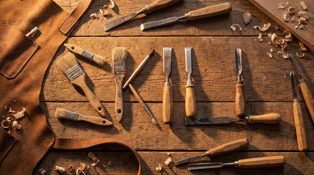 Woodworking Tools and Leather Apron on Rustic Wooden Table