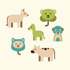 Collection of cartoon animals and a tree illustration on a simple background