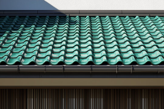 Cubierta japonesa con tejas verdes brillantes dispuestas en patr&oacute;n ondulado, borde oscuro y pared blanca con sombra diagonal, simetr&iacute;a visual, cer&aacute;mica y estilo artesanal de construcci&oacute;n tradicional