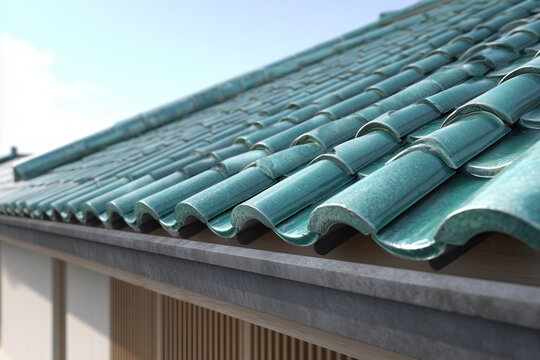 Detalle arquitect&oacute;nico de tejado japon&eacute;s con tejas cer&aacute;micas esmaltadas en tono verde azulado, patr&oacute;n ondulado interconectado y acabado en moldura oscura, pared de listones verticales estilo tradicion