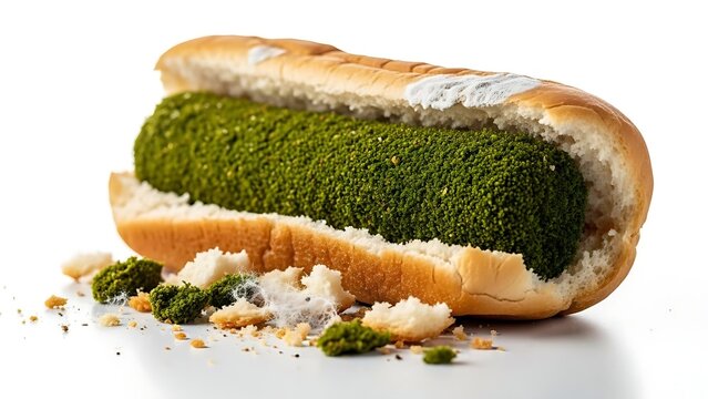 Surreal hot dog concept where the sausage is made of green moss, with white mold growing on the bun, isolated on white background. Rotten fast food art.