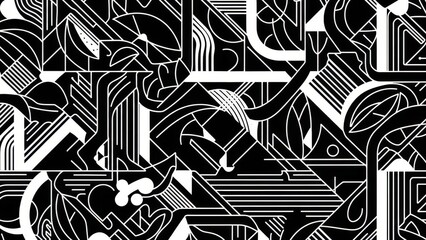 Abstract  geometric and organic line art pattern with intricate shapes and modern design.