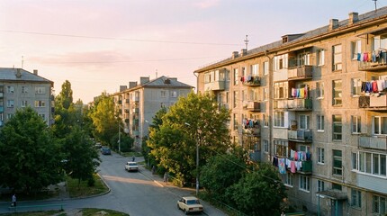 Fototapeta premium Eastern European Residential District with Apartment Blocks in Sunlight Summer Urban Landscape