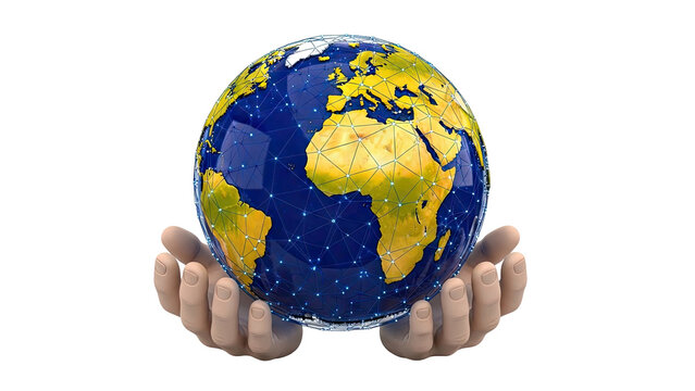 Hands holding the Earth with a digital network overlay - Powered by Adobe