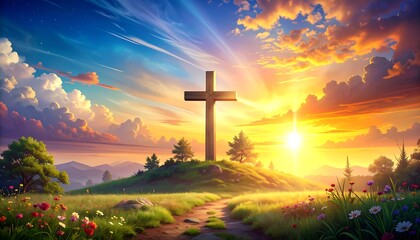 A large wooden cross stands atop a grassy hill as the sun sets, casting an orange glow. The scene includes wildflowers and a path