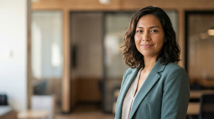 A portrait of a confident woman wearing a professional suit, standing in an office environment