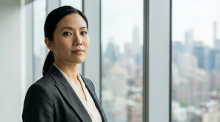 A portrait of a confident woman in a business setting, by a window overlooking a cityscape. She has her hair pulled back and wears a professional attire