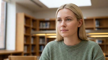 A thoughtful woman gazing into the distance, with library background. This image captures a moment of contemplation, hope and intellectual pursuits