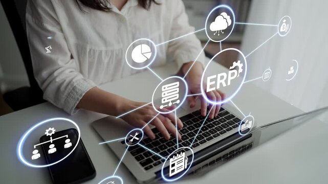 ERP icons show management, integration, and business process. ERP supports data management, ERP efficiency, and ERP organizational solutions. Funnel