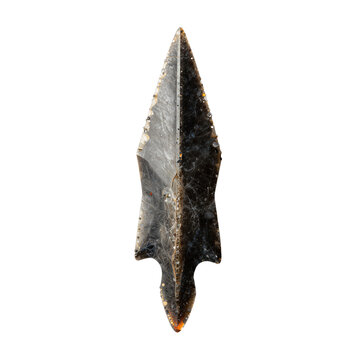 High-Resolution Photograph of a Large Obsidian Arrowhead Against a White Background