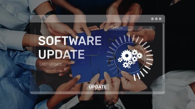 A diverse group engages in teamwork to implement a software update, symbolizing innovation and collaboration in a modern digital workspace, emphasizing technology and growth. Raster