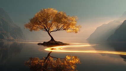 Golden Tree Floating on Calm Lake with Mountains Reflection and Warm Sunset Light