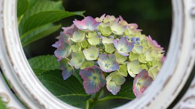 Pastel Hydrangea Cluster Framed Inside a Circular Window View with Soft Green Background