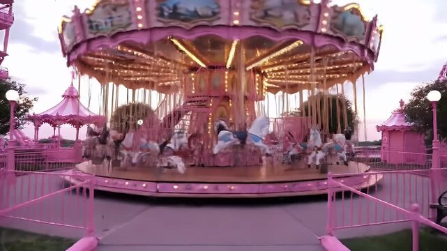 Pastel Pink Carousel Ride with Ornate Horses and Decorative Canopy in Amusement Park