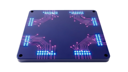 Digital Circuit Board with Neon Traces and Blue Lights