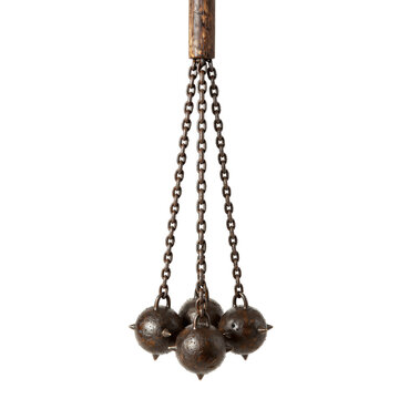 Iron-Headed Flail with Spiked Balls and Dark Wooden Handle